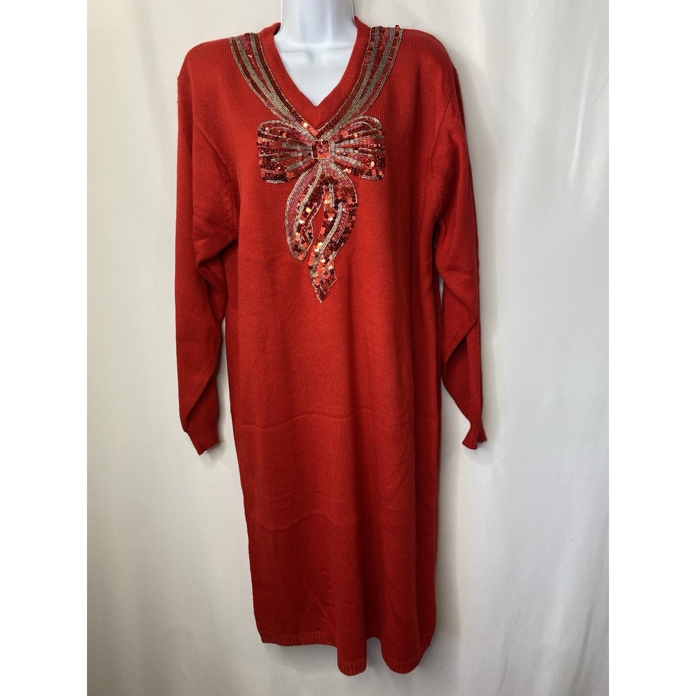 Vintage Larisa Sweater Dress Womens Size Large Knit Beaded Sequin 80s Valentines
